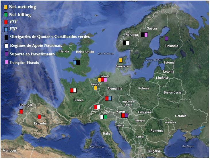 2.3 Modelos de Autoconsumo Mundiais 13 Figura 2.4: Distribuição dos diferentes regimes de apoio à energia FV na Europa 2.