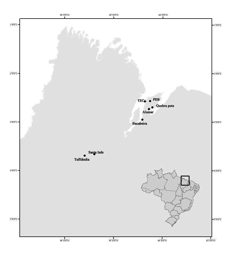 14 e fragmento de mata e campo alagadiço); em Santa Inês (3 39 S 45 23 W) e Tufilândia (3 41 S 45 35 W) em