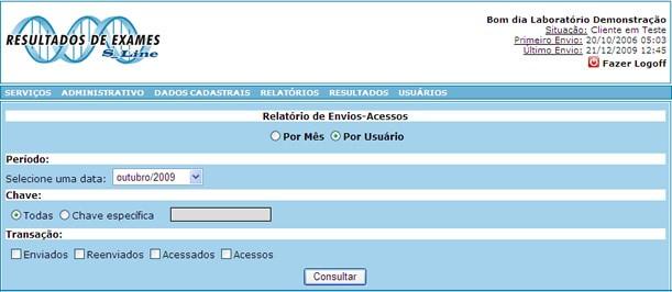 Na opção por mês, basta selecionar o período que deseja consulta. Tela relatório de envio/acesso por mês.