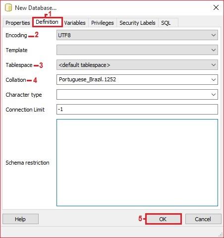 Figura 12 - Tela definição do banco Caso não tenha backup de um banco anterior, é preciso criar todos os esquemas e dados novamente. Para isso, siga o passo abaixo: 26.