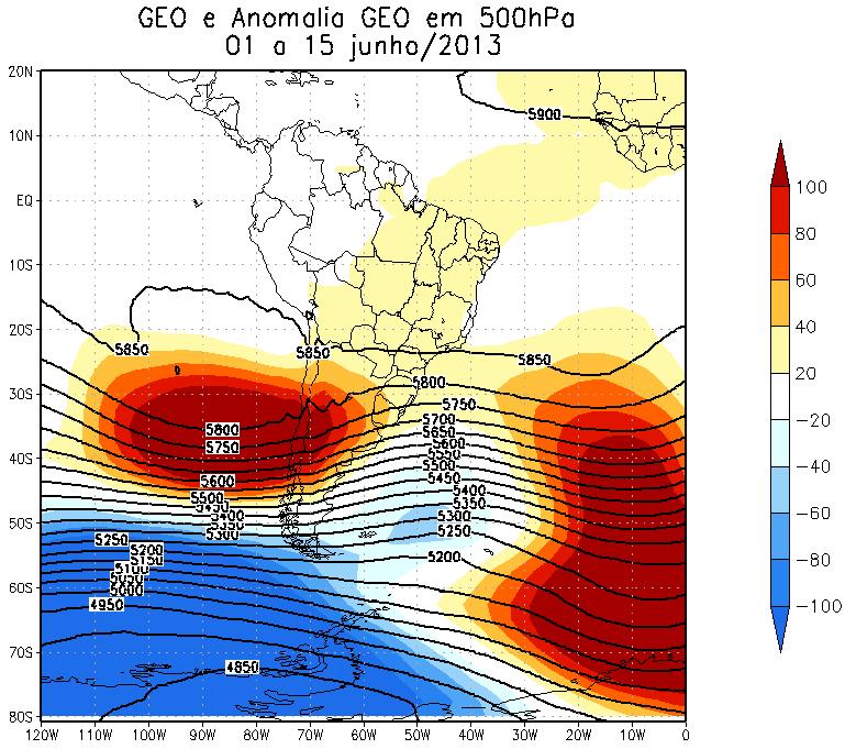 3-850 hpa O campo de linhas de corrente em 850 hpa e anomalia do vento meridional em 850 hpa para o mês de junho (Fig 11A) mostram a circulação anticiclônica sobre o Pacífico e sobre o Atlântico