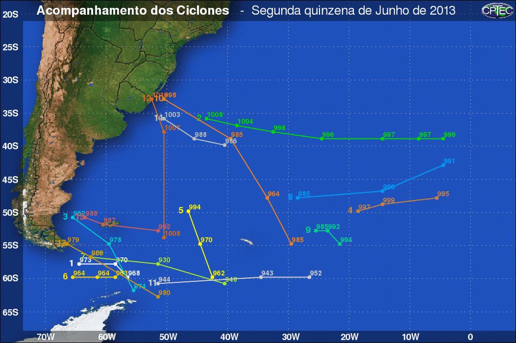 Figura 5a: Acompanhamento dos ciclones ocorridos durante a primeira quinzena do mês de junho de 2013. Em cada ponto está plotado o valor mínimo de pressão do ciclone (00 e 12 UTC).
