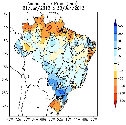 A) B) C) Figura 6: Anomalia de precipitação do mês de junho de 2013 (A) e anomalias de precipitação quinzenal no período de 1 a 15/06 (B) e de 16 a 30/06