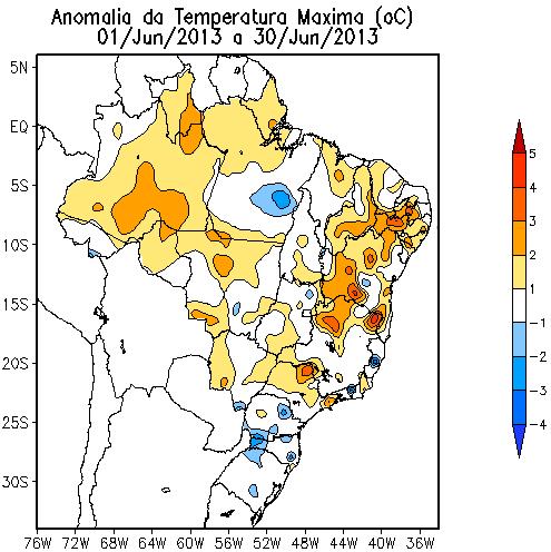 A) B) C) Figura 7: Anomalia de temperatura máxima do mês de junho 2013 (A) e anomalias de temperatura máxima quinzenal no período de 1 a 15/06 (B) e de 16 a 30/06 (C).