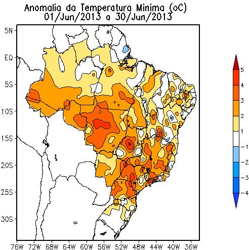 A) B) C) Figura 8: Anomalia de temperatura máxima do mês de junho 2013 (A) e anomalias de temperatura máxima quinzenal no período de 1 a 15/06 (B) e de 16 a 30/06 (C). 4.