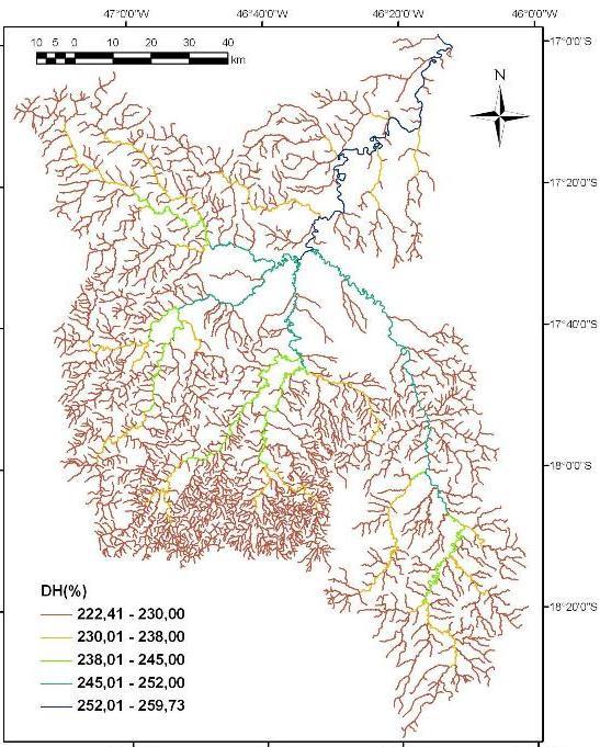 Impact of the substitution of reference annual streamflow by monthly streamflow on the potential use of water resources 504 FIGURE 4 - Relative difference between January Q 7,10 and annual Q 7,10 (a)