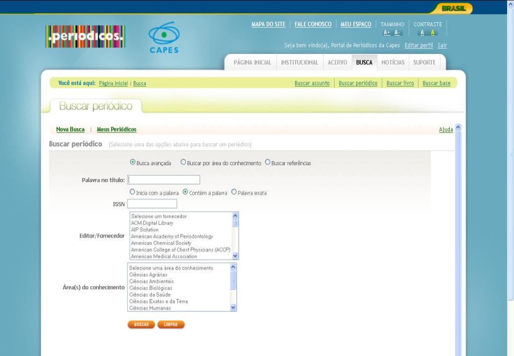 A opção de BUSCAR PERIÓDICO, disponível na página inicial, permite uma pesquisa pelo título da publicação ou pela letra inicial, entretanto a opção Busca avançada permite a pesquisa