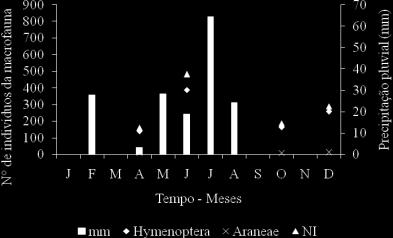 A B Figura 1- Precipitação pluvial (mm), grupos mais representativas da macrofauna e número de indivíduos, nas áreas I Olho D