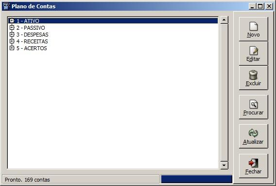 Esta tela possui os botões: Novo: permitirá incluir contas ao plano de contas; Editar: permitirá editar a conta selecionada; Excluir: permitirá excluir a conta selecionada; Procurar: permitirá