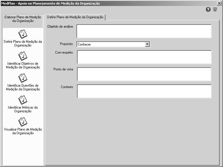 Figura 3 Interface Básica da Ferramenta MedPlan Os ícones localizados abaixo da barra de título permitem a busca e o registro de conhecimento no que diz respeito às atividades do processo.