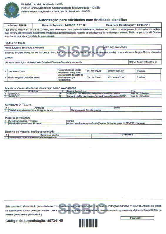 100 - Aprovação do projeto no SISBIO Autorização para atividades com