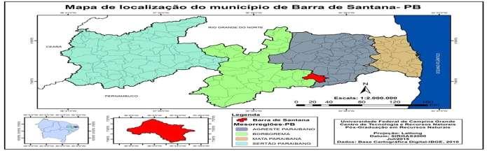 O trabalho foi realizado na zona rural de Barra de Santana (Figura 1), pertencente à microrregião do Cariri Oriental do Estado da Paraíba, latitude 07º31 13 S, longitude 35º9' 59" W e altitude de 350