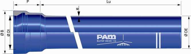 Sistema Blutop para redes Dimensões e massas Inovação e tradição DN Lu e Classe nominal DE DI P B Peso Peso Total mm m mm mm mm mm mm kg/m kg 90 6 25 3,0 90,0 92,7 88,0 125,0 6,10 37 110 6 25