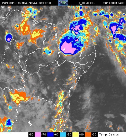 vertical com temperatura de topo de nuvem chegando a atingir -80 C (tons de rosa e branco na imagem) indicando