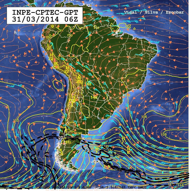 barbelas de vento penetrando pelo continente com vento em torno de 25 kt e advectando umidade oriunda do oceano para este setor do continente.