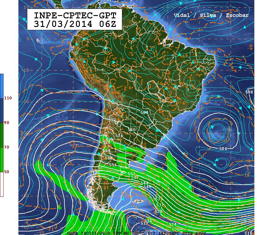 Através da Figura 4, referente ao nível de 500 hpa para o mesmo dia e hora que as anteriores, nota-se que, também neste nível, o fluxo sobre o nordeste do Nordeste estava de leste.