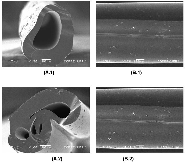 Figura 5: Fotomicrografias das fibras ocas pirolisadas: letras: (A) seção transversal; (B) superfície externa. números: (1) Gap = 8 cm (2) Gap = 0cm.