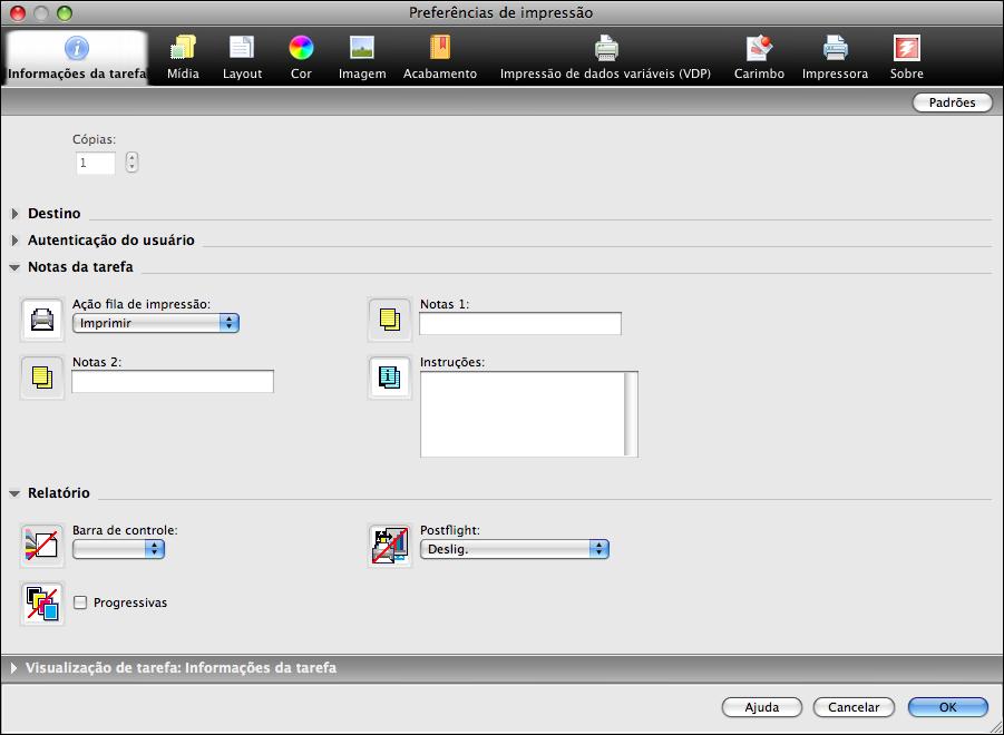 IMPRESSÃO NO MAC OS X 31 9 Clique em Todas as propriedades na janela Acesso rápido. A guia Informações da tarefa é exibida na caixa de diálogo Preferências de impressão.