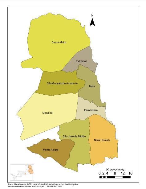 Mapa 01: Região Metropolitana de Natal-RN: divisão político administrativa Outro fator que também condiciona o destaque do segmento sol e mar é a inexistência de programas ou planos que tracem