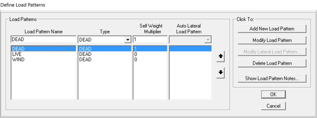 Figura 8 Definição de casos de carregamento SAP 2000. A adição de carregamentos é feita clicando no botão Add New Load Pattern após o preenchimento dos campos da janela.