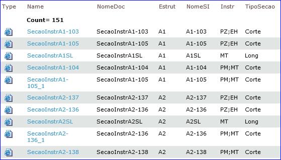 Na tabela, as seções podem ser selecionadas facilmente por estrutura e por tipo de instrumento da seção, clicando no número de