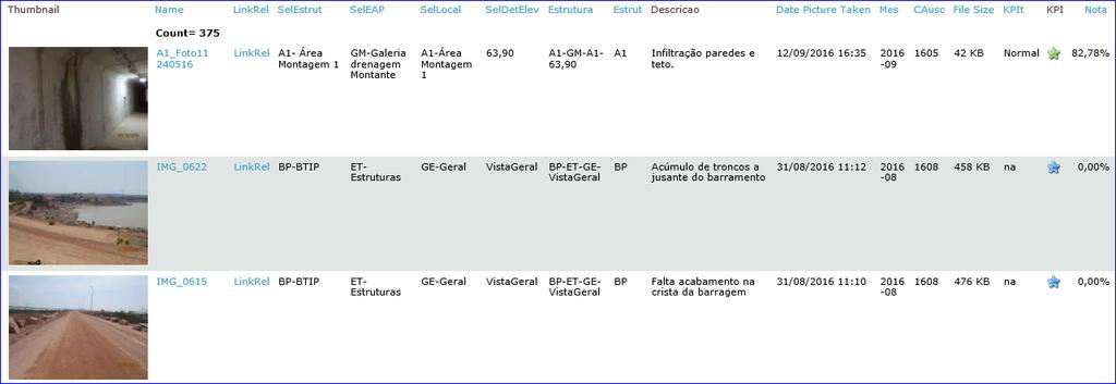As fotos são incorporadas nas respectivas fichas de inspeção, e também geram relatórios, no próprio SIBar, por estrutura e por CAusc Campanha de