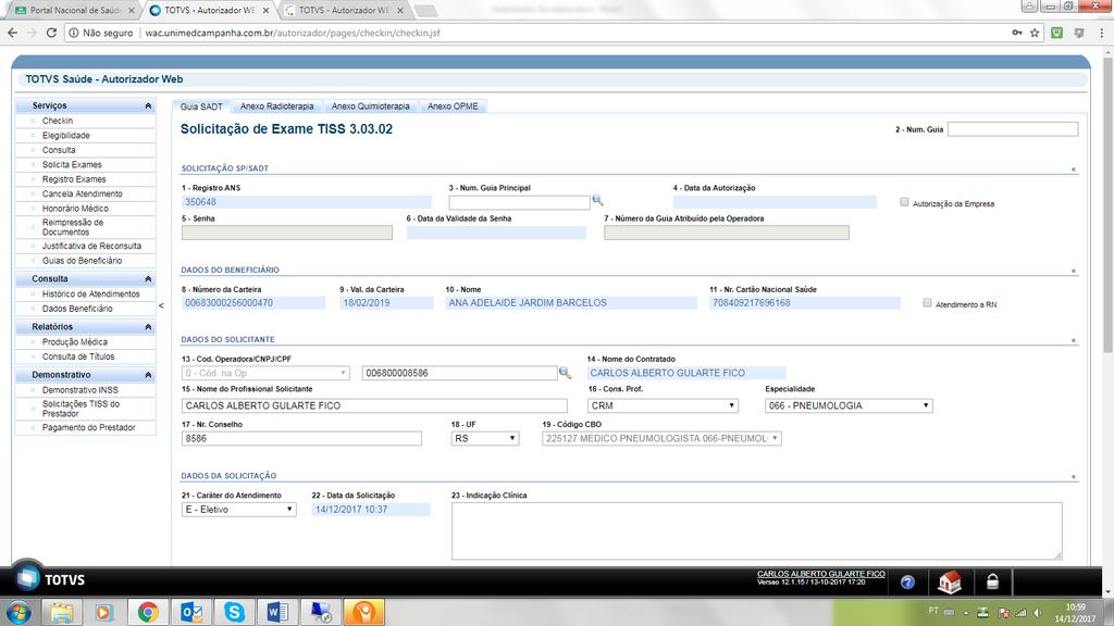 Informar o CRM do médico solicitante e tecle tab Para