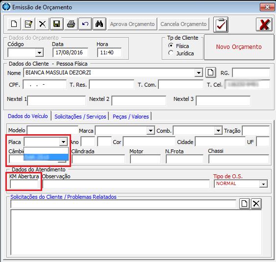 manutenção, em seguida clique no campo KM Abertura
