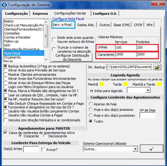 44.3 Em seguida clique na aba Configurações Gerais selecione a opção Nota Fiscal e preencha o campo Serviços e Produtos