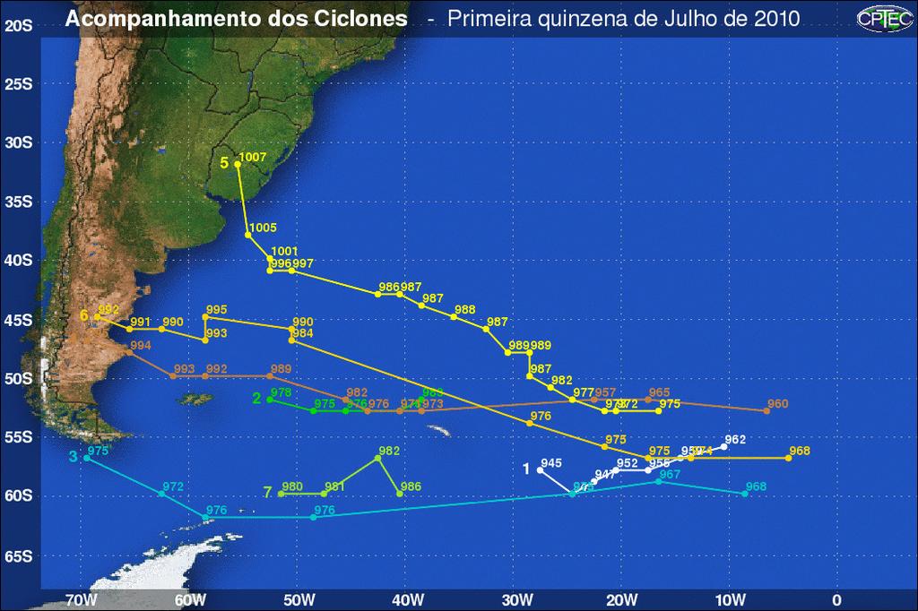Acompanhamento dos ciclones subtropicais e extratropicais As Figuras 5 e 6 apresentam a distribuição espacial dos principais ciclones ocorridos sobre o Oceano Atlântico durante o mês de julho de 2010.