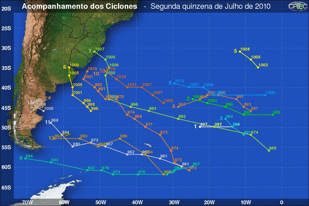Figura 6 Acompanhamento dos ciclones ocorridos durante a segunda quinzena do mês de julho de 20