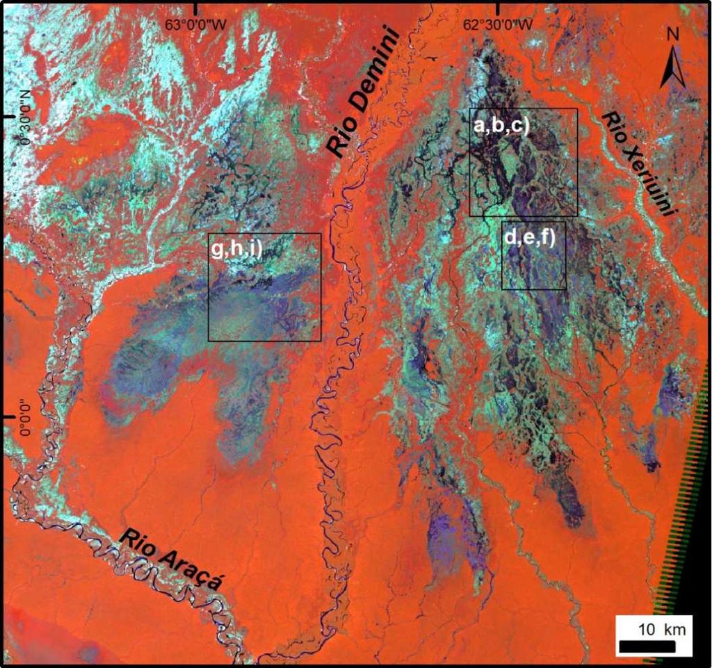 Figura 7.13 - Imagem TM/Landsat 5 de 26/10/2009, com composição colorida R4G7B3 (quadros=localizações das figuras 7.14a-i).