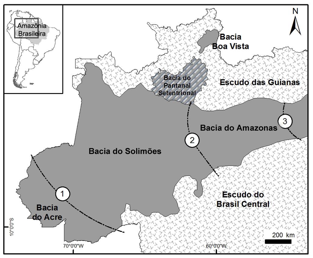 Figura 4.2 - Arcabouço geológico da área de estudo, localizada ao norte da porção ocidental da Bacia do Solimões, onde se localiza a sub-bacia do Pantanal Setentrional.