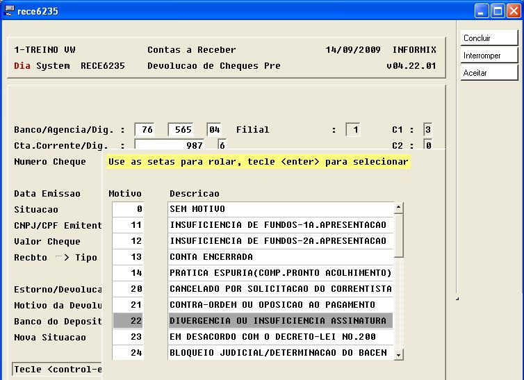 Tesouraria Capitulo 10 Selecionamos o Motivo da devolução: Confirma a