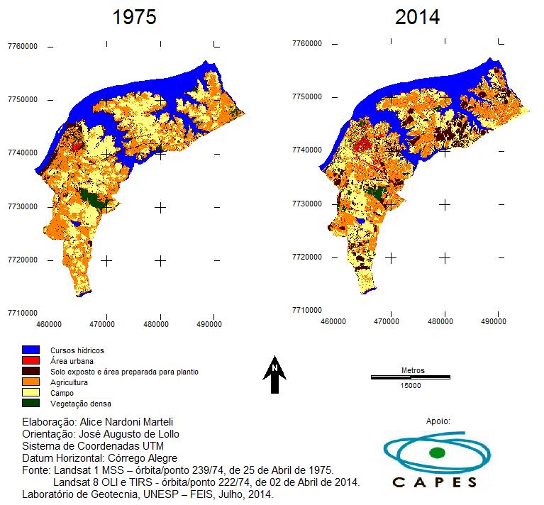 Figura 4: Classificações de uso e ocupação da terra no Município de Ilha Solteira (1975 e 2014) Como se pode observar, houve um aumento significativo da ocupação urbana na área (de 1 a 7%), o qual