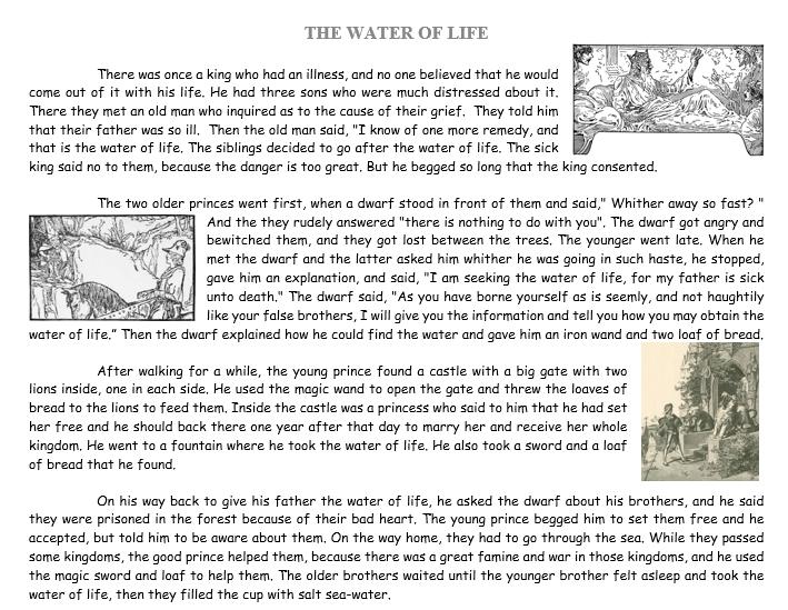 Na segunda aula, aplicamos o texto The Water of Life adaptado por nós¹. Foi primeiro perguntado se alguém dentre os alunos já conhecia aquela estória e o que, de acordo com o título, ela iria tratar.