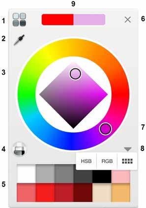 O Editor de cores 1. Biblioteca de cores da Copic 2. Seletor de cores 3. Saturação/brilho 4. Cor transparente 5. Amostras 6. Editor de cores 7. Matiz 8. Alternar HSB/RGB/ amostra 9.