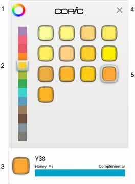 A Biblioteca de cores da Copic 1. Acessar o Círculo de cores 2. Família atual de cores 3. Nome de cor atual 4. Fechar Editor de cores Cor atual 6.