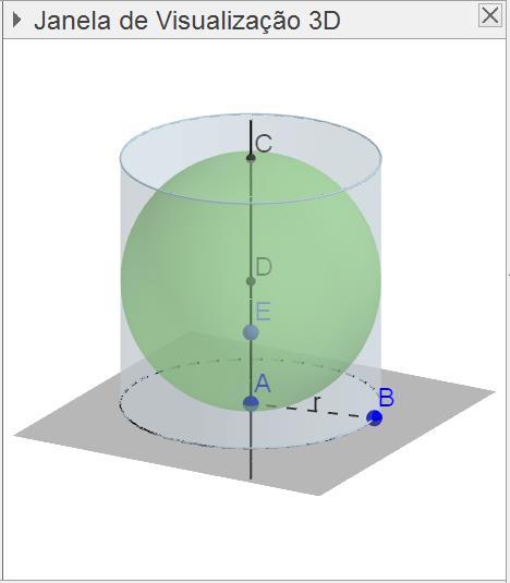 3. Para a inscrição da esfera neste cilindro, determinamos o Centro da esfera inscrita através da ferramenta Ponto Médio, selecionando os pontos A e C. Nomeie este ponto como D.