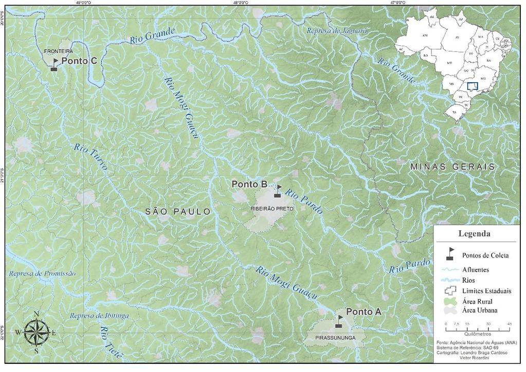 Figura 1. Localização dos pontos de coletas do presente estudo nos rios da Bacia Hidrográfica do Rio Grande. A: Rio Mogi Guaçu no município de Pirassununga-SP (21 55'39.2"S 47 22'23.9"W).