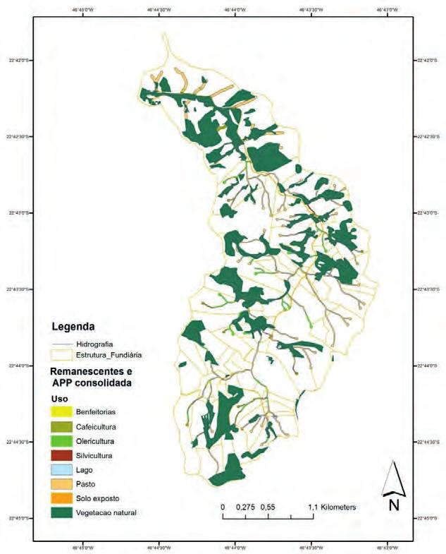 As florestas que já existem no Bairro que serão as Reservas Legais e a faixa mínima que deve recuperar com mata nativa em APP de curso d água (maioria