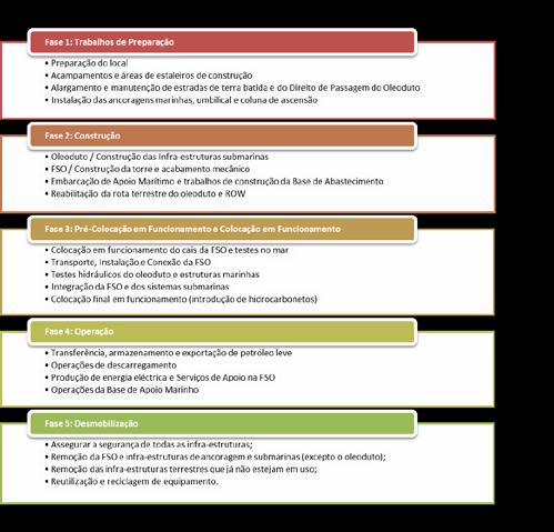 As actividades planeadas para o Projecto são resumidas da seguinte forma: considerando tanto o Regulamento sobre o Processo de Avaliação do Impacto Ambiental (Decreto Nº.