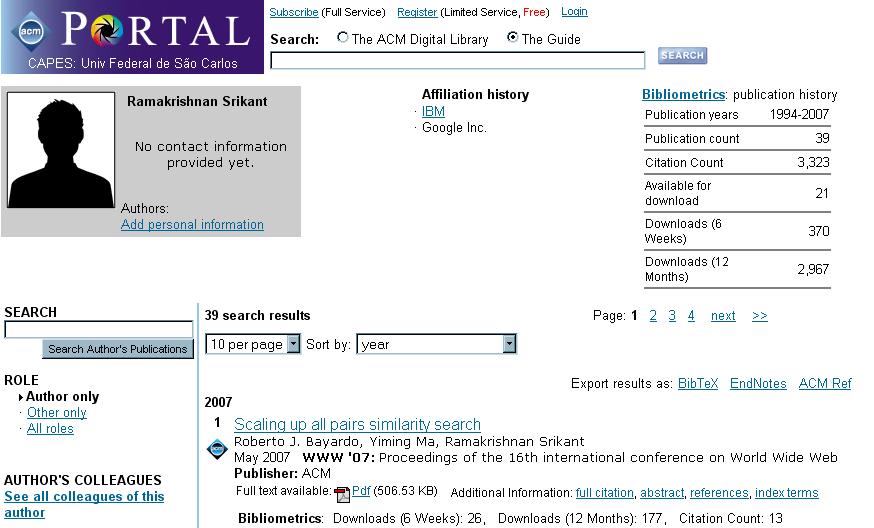 Critérios de Confiabilidade... Índices Bibliométricos > ACM > Mais Citados http://portal.acm.