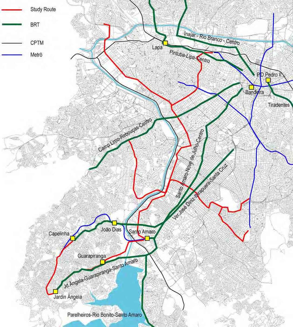 A Figura 2-9 mostra as linhas de BRT nas rotas do estudo. Figura 2-9 Localização das BRTs 2.3.