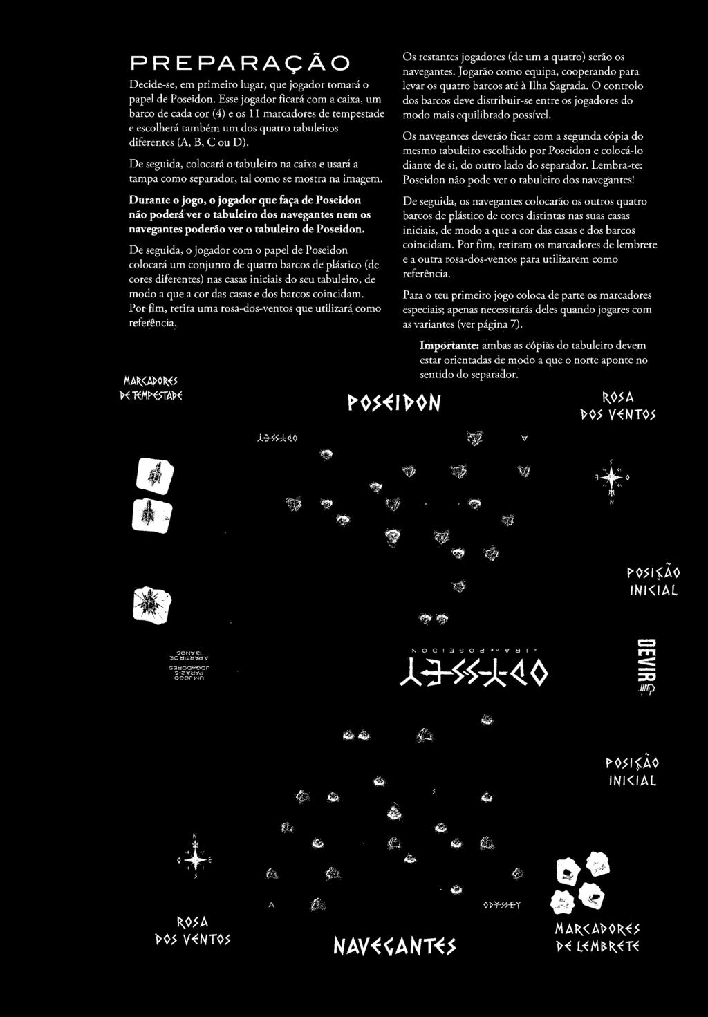 De seguida, o jogador com o papel de Poseidon colocará um conjunto de quatro barcos de plástico (de cores diferentes) nas casas iniciais do seu tabuleiro, de modo a que a cor das casas e dos barcos