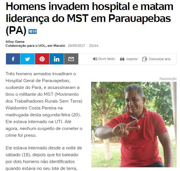 Três homens armados invadiram o Hospital Geral de Parauapebas, sudoeste do Pará, e assassinaram
