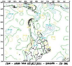 No campo de divergência em 850 hpa (Figura 8) verifica-se um núcleo de convergência que se localizava entre a parte leste do RS e a região onde se encontrava o centro de baixa pressão do Atlântico.