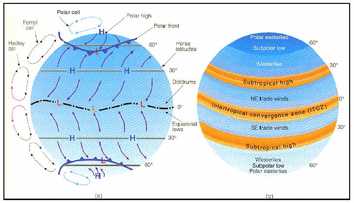 m corte vertical da atmosfera ao longo de uma longitude ostra três células de circulação globais em cada