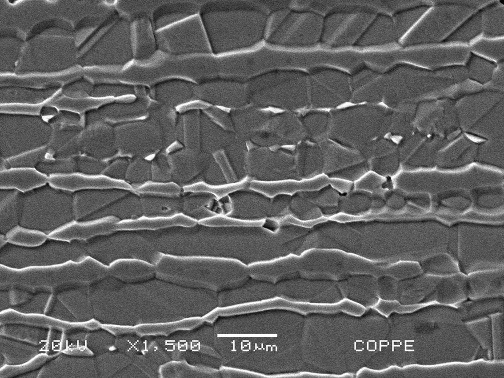 Capítulo IV 69 A Figura 33 apresenta uma micrografia eletrônica. Nela pode-se notar a estrutura bifásica dos aços inoxidáveis duplex no estado como recebido.