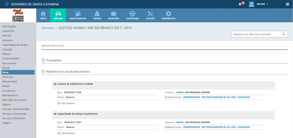 Relatório específico de erros de abastecimentos: Acesse: Veículo específico > Erros.